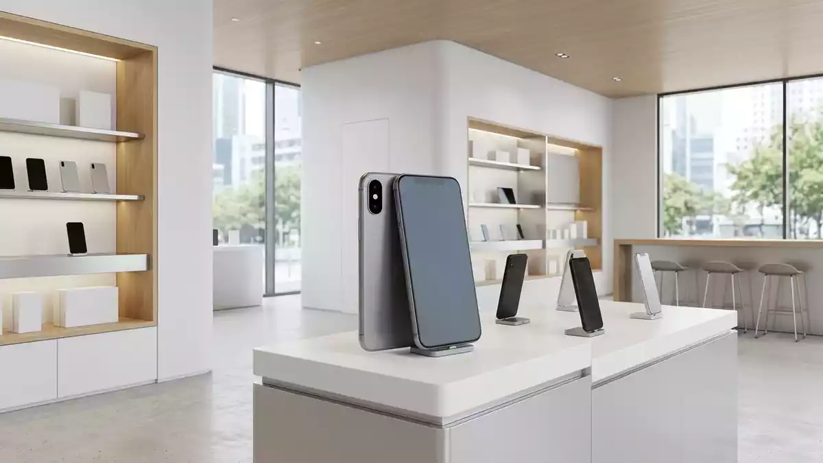 Architektur-Render im Elektronikfachgeschaeft mit Smartphone im Ausstellungsbereich