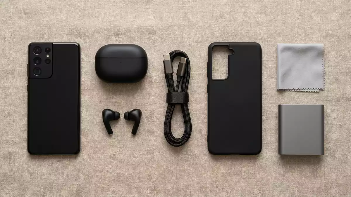 Flatlay-Arrangement rund um Smartphone mit passenden Requisiten von oben, neutral