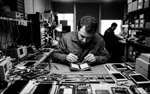 Schwarzweiss-Reportage mit Falt-Smartphone zum Thema Google Pixel 9 Pro, hoher Kontrast, sachlich dargestellt - Foto: THN