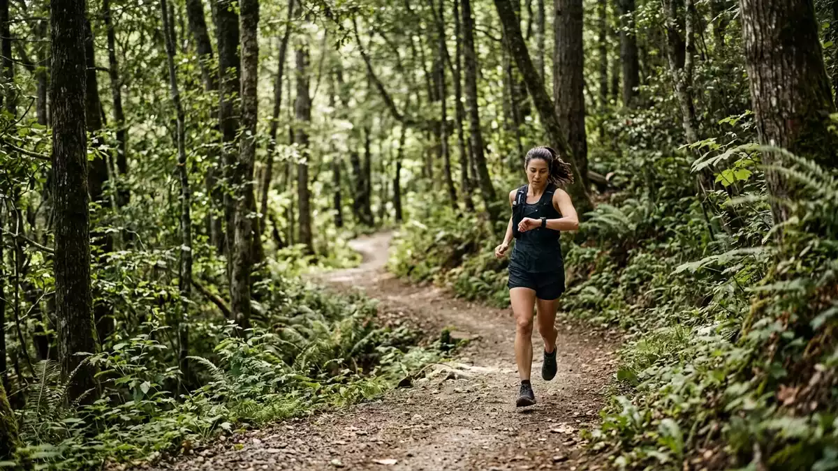 Fotorealistische Ansicht von GPS-Sportuhr beim Trailrunning in realer Umgebung