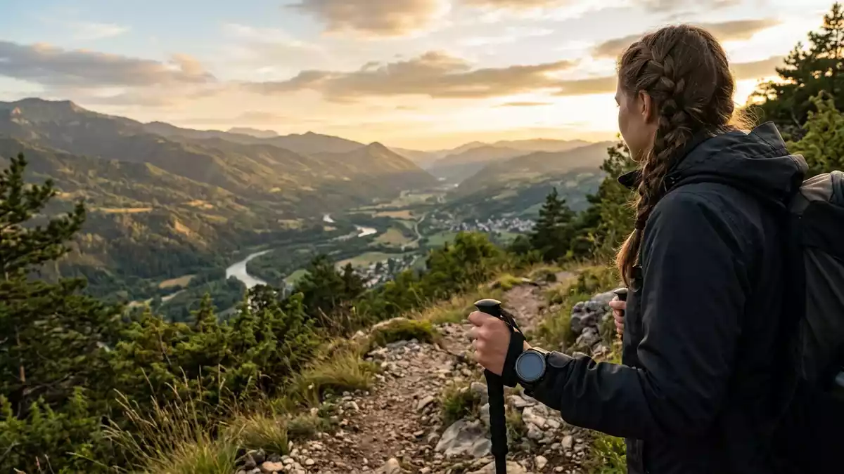 Fotorealistische Ansicht von GPS-Sportuhr beim Wandern in warmem Abendlicht, neutral
