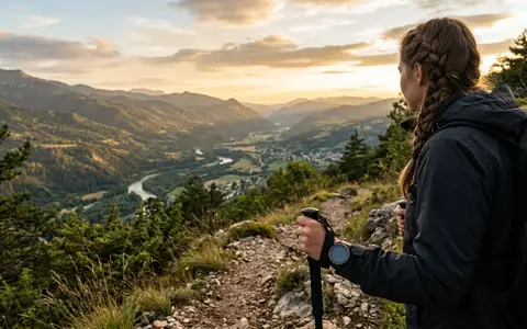 Fotorealistische Aufnahme von GPS-Sportuhr beim Wandern zum Thema Suunto Race GPS-Sportuhr, warmes Abendlicht - Foto: THN
