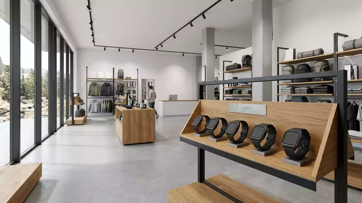 Architektur-Render im Outdoorshop mit Outdoor-Uhr im Ausstellungsbereich, neutral
