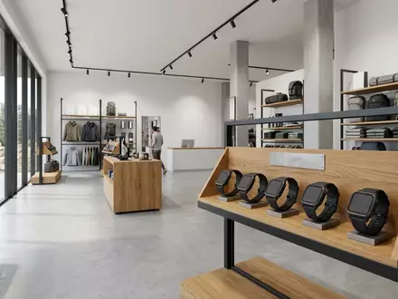 Architektur-Render im Outdoorshop mit Outdoor-Uhr zum Thema Suunto 9 Peak Pro, neutrales Tageslicht - Foto: THN