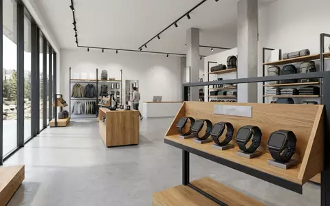 Architektur-Render im Outdoorshop mit Outdoor-Uhr zum Thema Suunto 9 Peak Pro, neutrales Tageslicht - Foto: THN