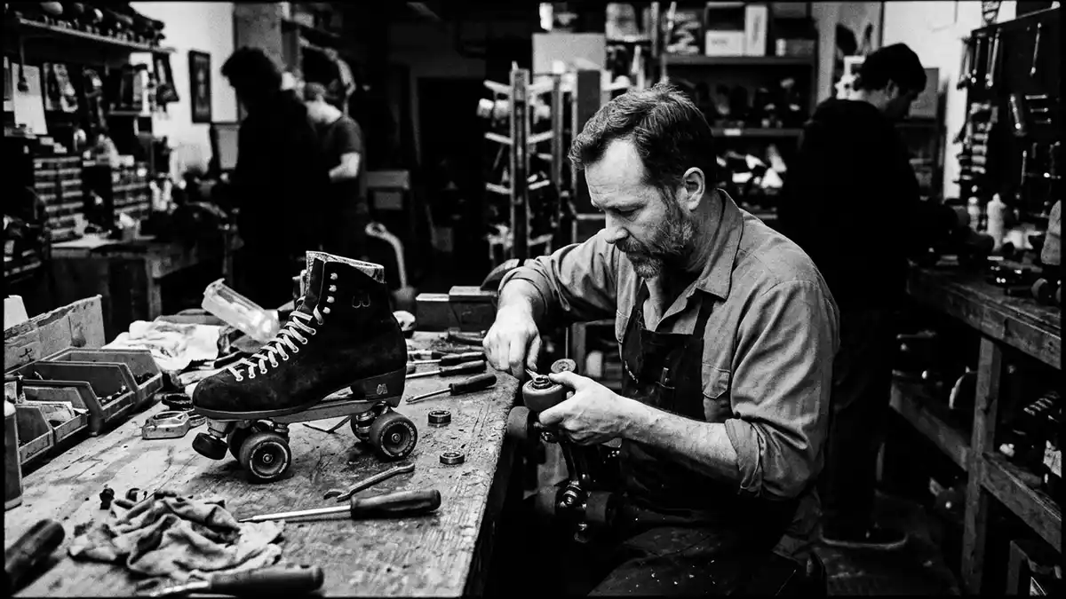 Schwarzweiss-Reportagebild mit Rollschuhe in dokumentarischer Arbeitsumgebung, neutral