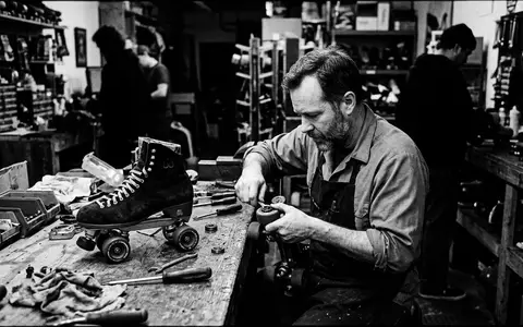 Schwarzweiss-Reportage mit Rollschuhe zum Thema Sure-Grip Boardwalk Outdoor Rollschuhe, hoher Kontrast, sachlich dargestellt - Foto: THN