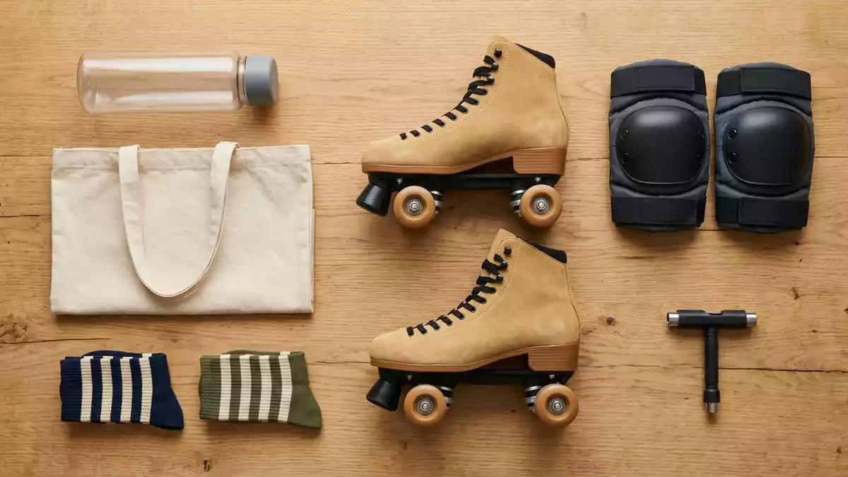 Flatlay-Arrangement rund um Rollschuhe mit passenden Requisiten von oben, neutral