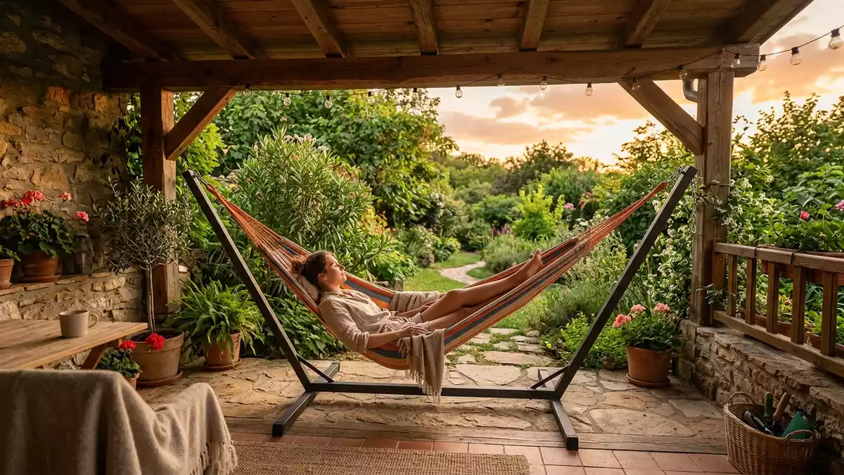 Fotorealistische Ansicht von Haengematte auf der Terrasse in warmem Abendlicht