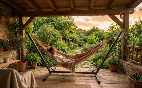 Fotorealistische Aufnahme von Haengematte auf der Terrasse zum Thema Outsunny Hängematte mit Gestell, warmes Abendlicht - Foto: THN