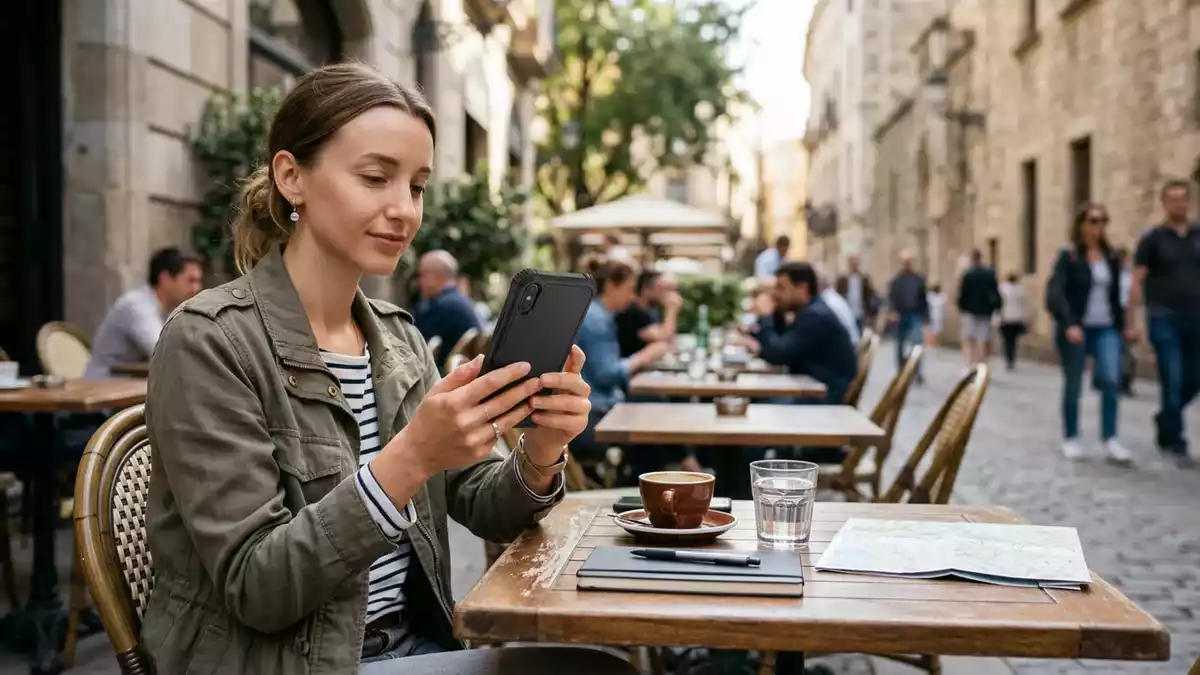 Fotorealistische Ansicht von Smartphonehuelle im Cafe in realer Umgebung, neutral