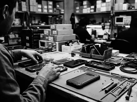 Schwarzweiss-Reportage mit Smartphonehuelle zum Thema OtterBox Commuter Hülle Samsung, hoher Kontrast, sachlich dargestellt - Foto: THN
