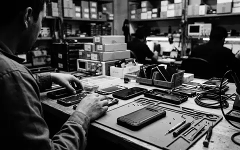 Schwarzweiss-Reportage mit Smartphonehuelle zum Thema OtterBox Commuter Hülle Samsung, hoher Kontrast, sachlich dargestellt - Foto: THN