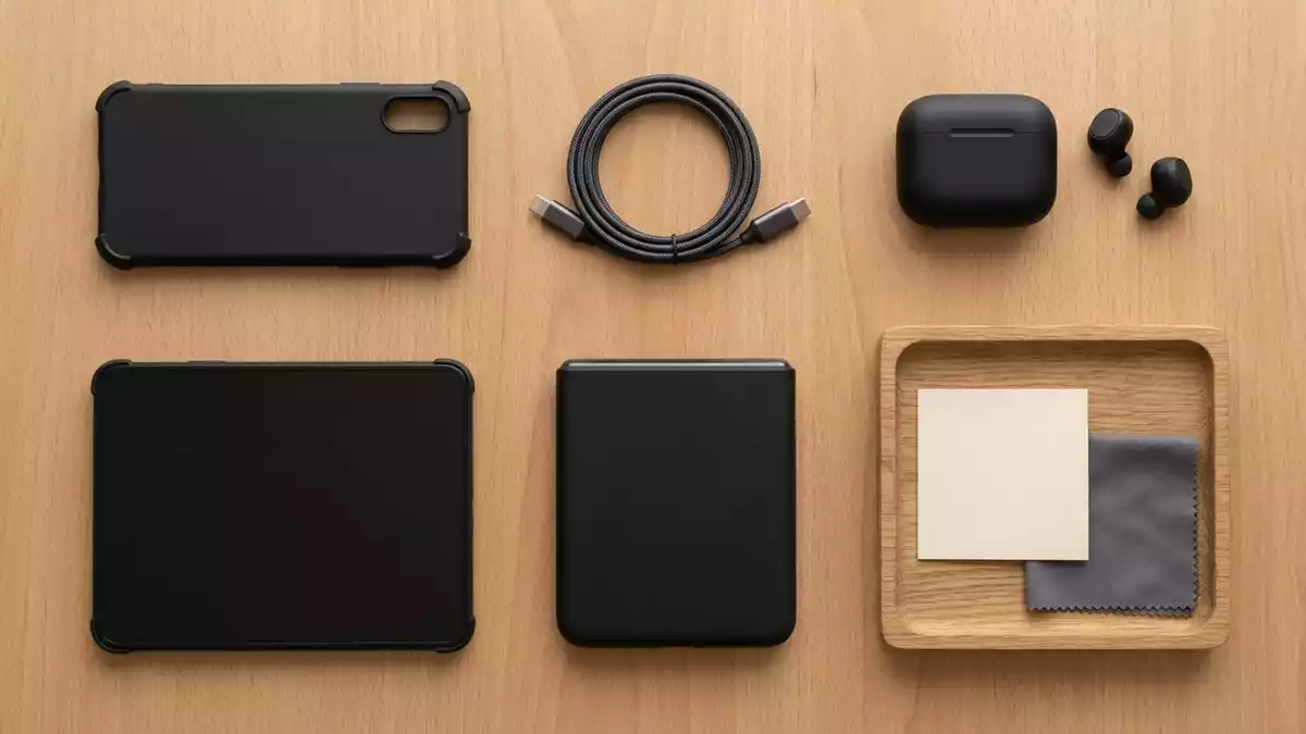 Flatlay-Arrangement rund um Smartphonehuelle mit passenden Requisiten von oben