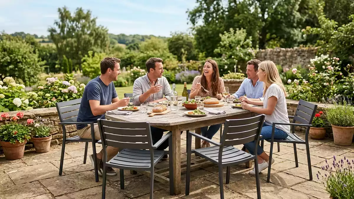 Fotorealistische Ansicht von Gartenstuhl auf der Terrasse in realer Umgebung, neutral