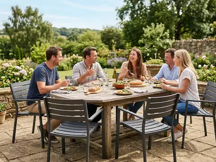 Fotorealistische Aufnahme von Gartenstuhl auf der Terrasse zum Thema OUTLIV Gartenstuhl Stapelbar Aluminium, natuerliches Licht - Foto: THN