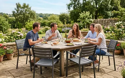 Fotorealistische Aufnahme von Gartenstuhl auf der Terrasse zum Thema OUTLIV Gartenstuhl Stapelbar Aluminium, natuerliches Licht - Foto: THN