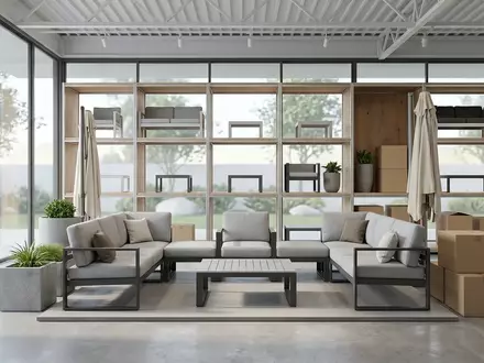Architektur-Render im Gartenmoebelgeschaeft mit Gartenlounge zum Thema Outsunny Gartenmöbel Set 4-tlg, neutrales Tageslicht - Foto: THN