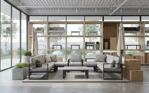 Architektur-Render im Gartenmoebelgeschaeft mit Gartenlounge zum Thema Outsunny Gartenmöbel Set 4-tlg, neutrales Tageslicht - Foto: THN