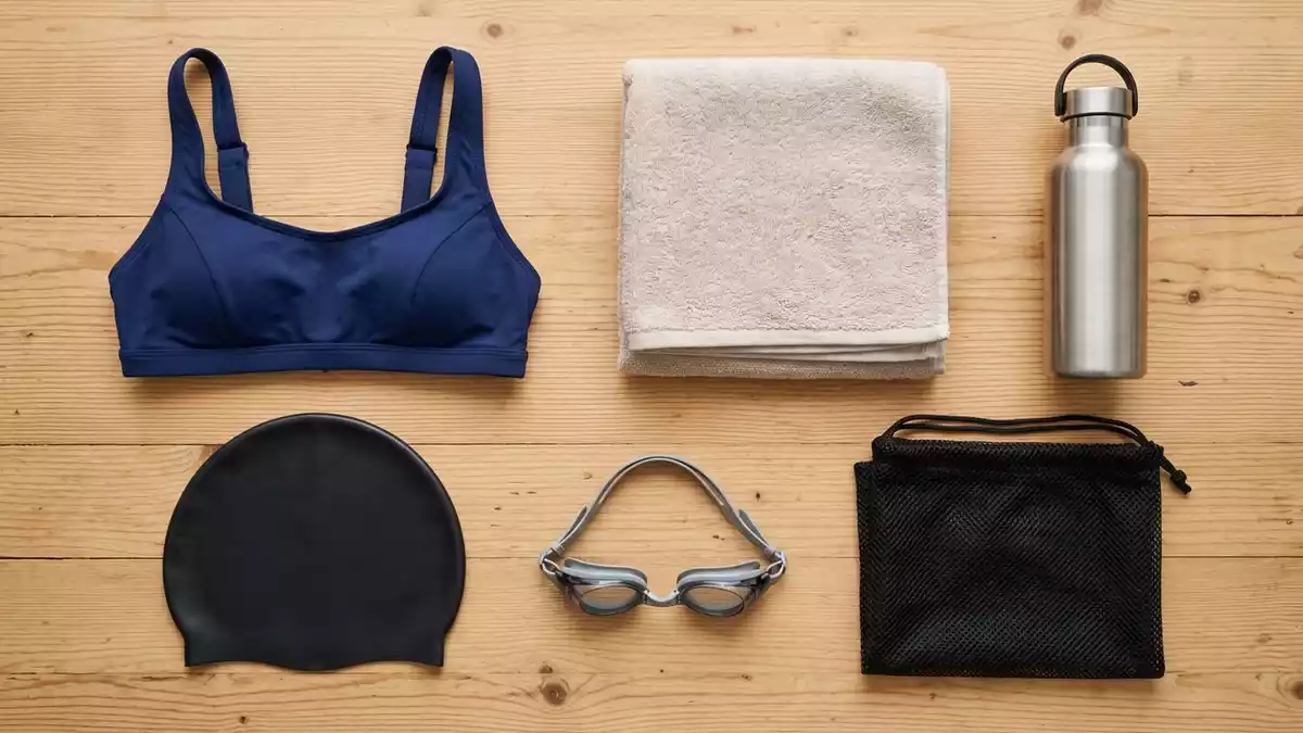 Flatlay-Arrangement rund um Bikini-Top mit passenden Requisiten von oben, neutral