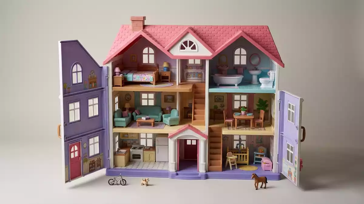 Fotorealistische Studioansicht von Puppenhaus Spielset in neutraler Produktdarstellung