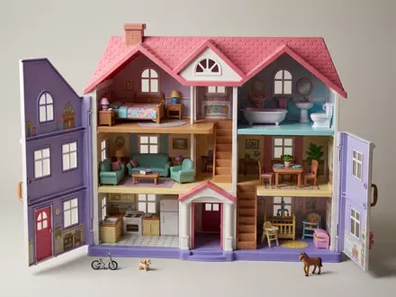 Fotorealistische Studioaufnahme von Puppenhaus Spielset zum Thema Gabby's Dollhouse Puppenhaus Spielset, klare Lichtfuehrung - Foto: THN