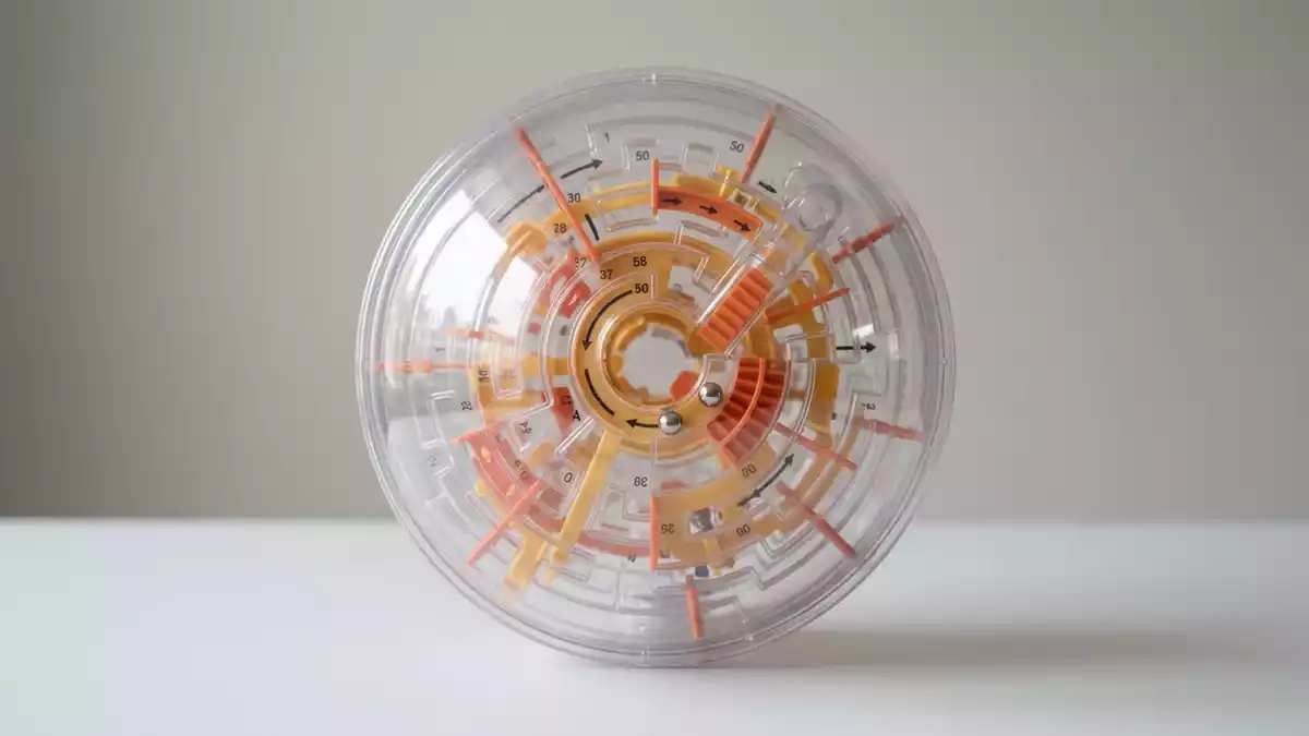 Fotorealistische Studioansicht von 3D Labyrinthkugel in neutraler Produktdarstellung