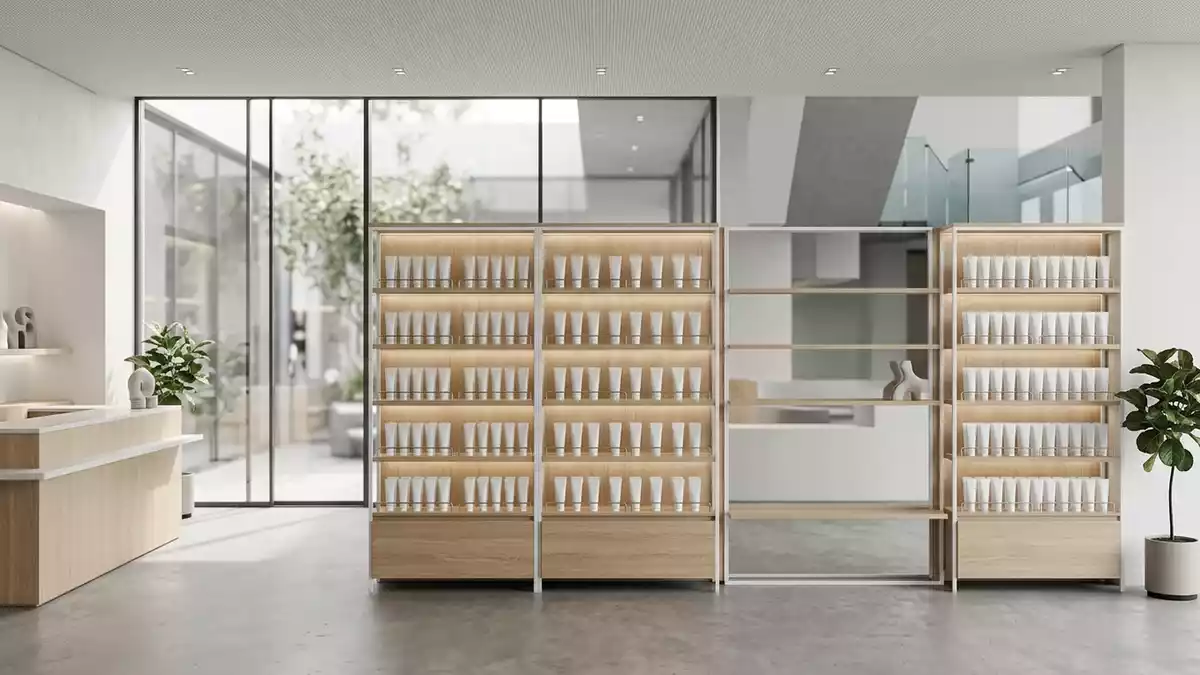 Architektur-Render im Drogeriegeschaeft mit Zahnpasta im Ausstellungsbereich, neutral