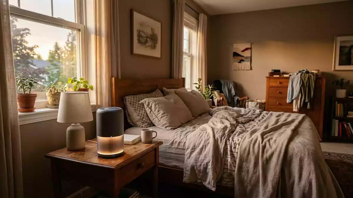 Fotorealistische Ansicht von Luftreiniger im Schlafzimmer in warmem Abendlicht