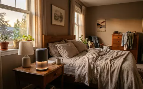 Fotorealistische Aufnahme von Luftreiniger im Schlafzimmer zum Thema Blueair Blue Pure 311i, warmes Abendlicht - Foto: THN