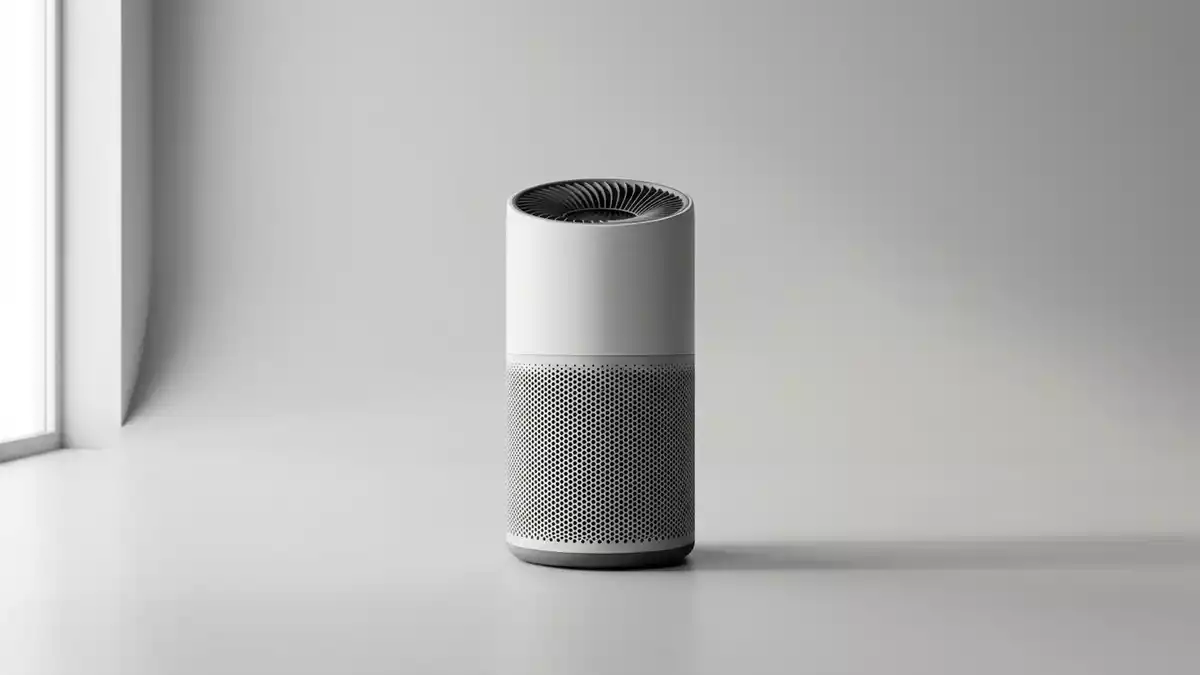 Fotorealistische Studioansicht von Luftreiniger in neutraler Produktdarstellung