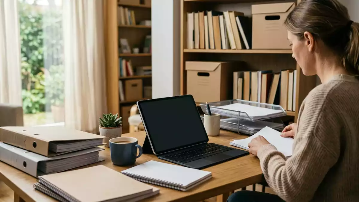 Fotorealistische Ansicht von Tablet am Schreibtisch in realer Umgebung, neutral