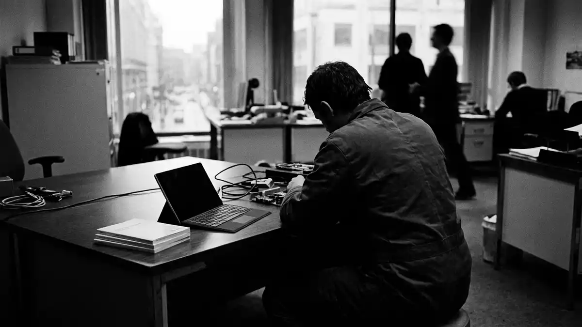 Schwarzweiss-Reportagebild mit Tablet in dokumentarischer Arbeitsumgebung, neutral