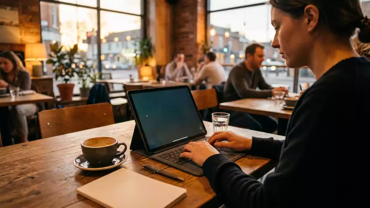 Fotorealistische Ansicht von Tablet im Cafe in warmem Abendlicht, sachlich dargestellt