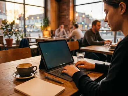 Fotorealistische Aufnahme von Tablet im Cafe zum Thema Microsoft Surface Pro 11, warmes Abendlicht - Foto: THN