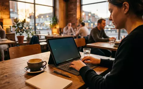 Fotorealistische Aufnahme von Tablet im Cafe zum Thema Microsoft Surface Pro 11, warmes Abendlicht - Foto: THN