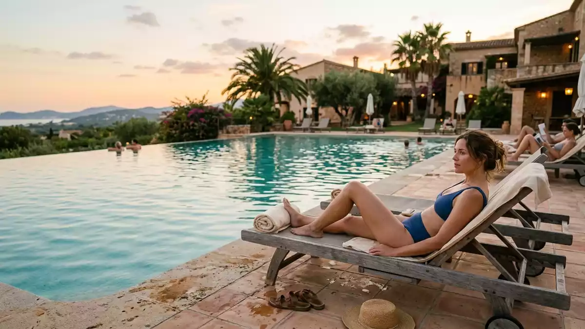 Fotorealistische Ansicht von Bikini am Pool in warmem Abendlicht, sachlich dargestellt