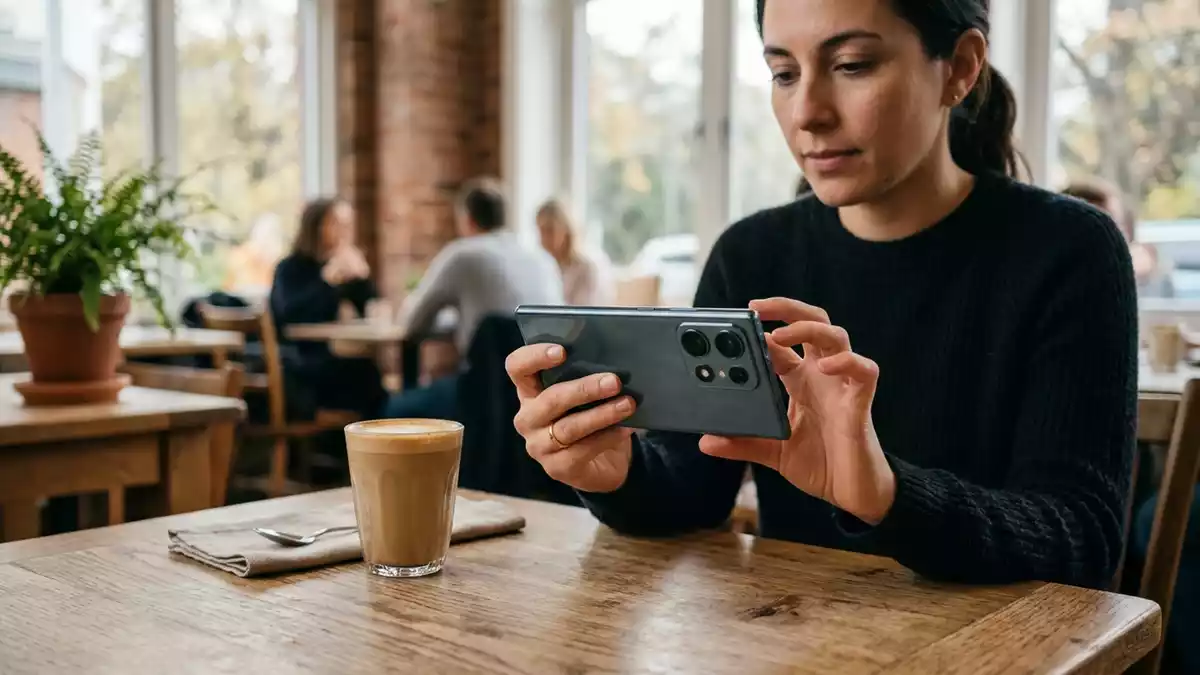 Fotorealistische Ansicht von Smartphone im Cafe in realer Umgebung, sachlich dargestellt