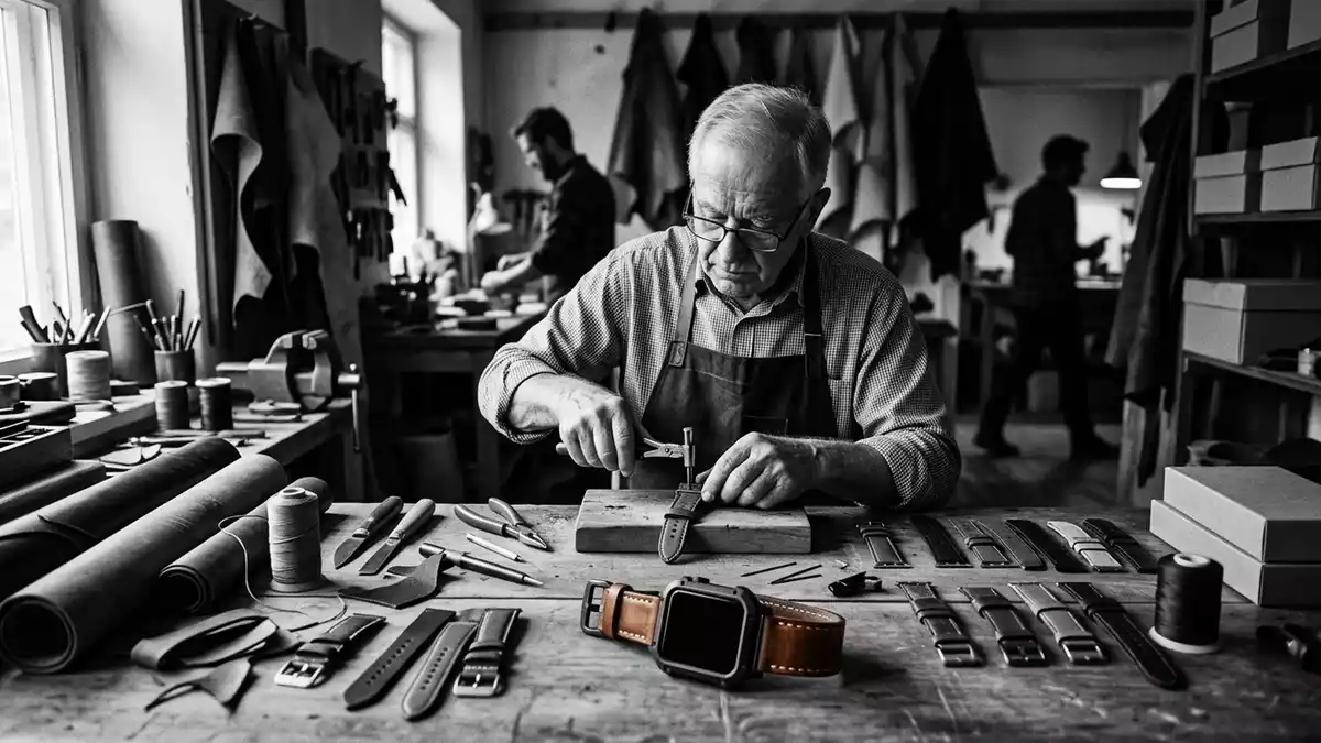 Schwarzweiss-Reportagebild mit Smartwatch in dokumentarischer Arbeitsumgebung, neutral