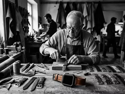 Schwarzweiss-Reportage mit Smartwatch zum Thema Apple Watch Hermès Series, hoher Kontrast, sachlich dargestellt - Foto: THN