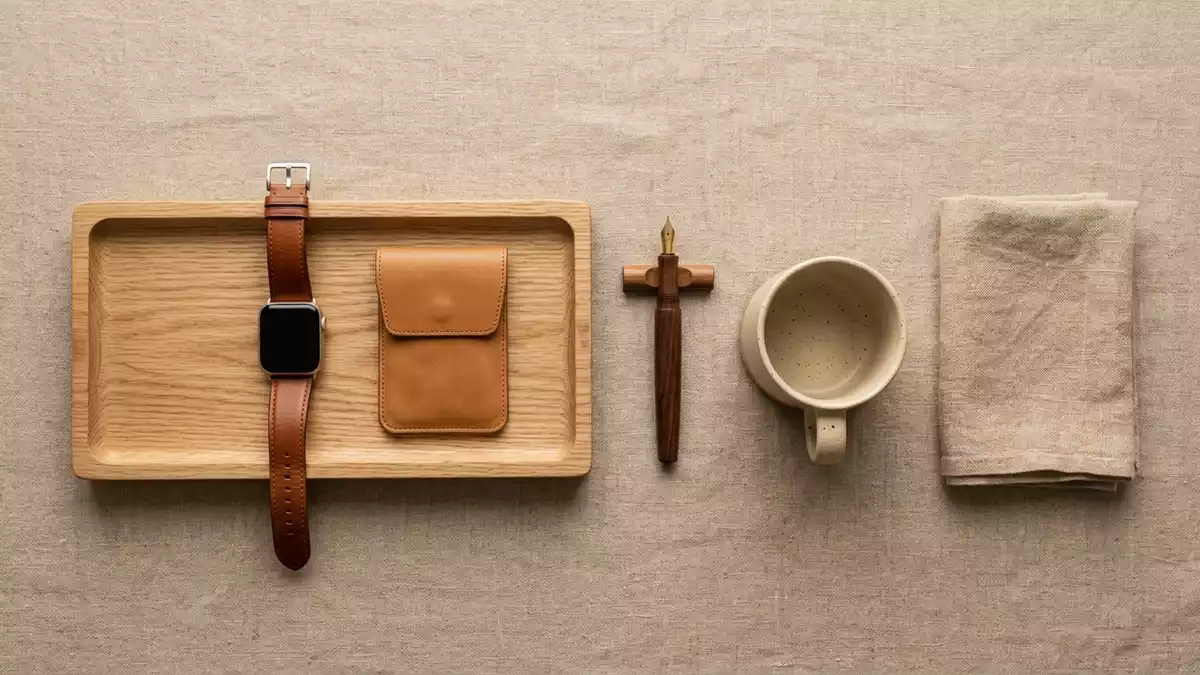 Flatlay-Arrangement rund um Smartwatch mit passenden Requisiten von oben, neutral
