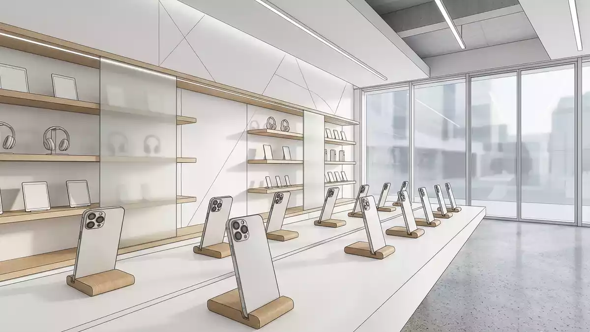Architektur-Render im Mobilfunkfachgeschaeft mit Smartphone im Ausstellungsbereich