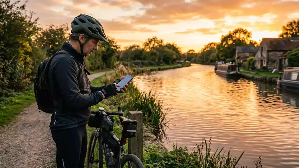 Fotorealistische Ansicht von Smartphone am Kanal in warmem Abendlicht, neutral