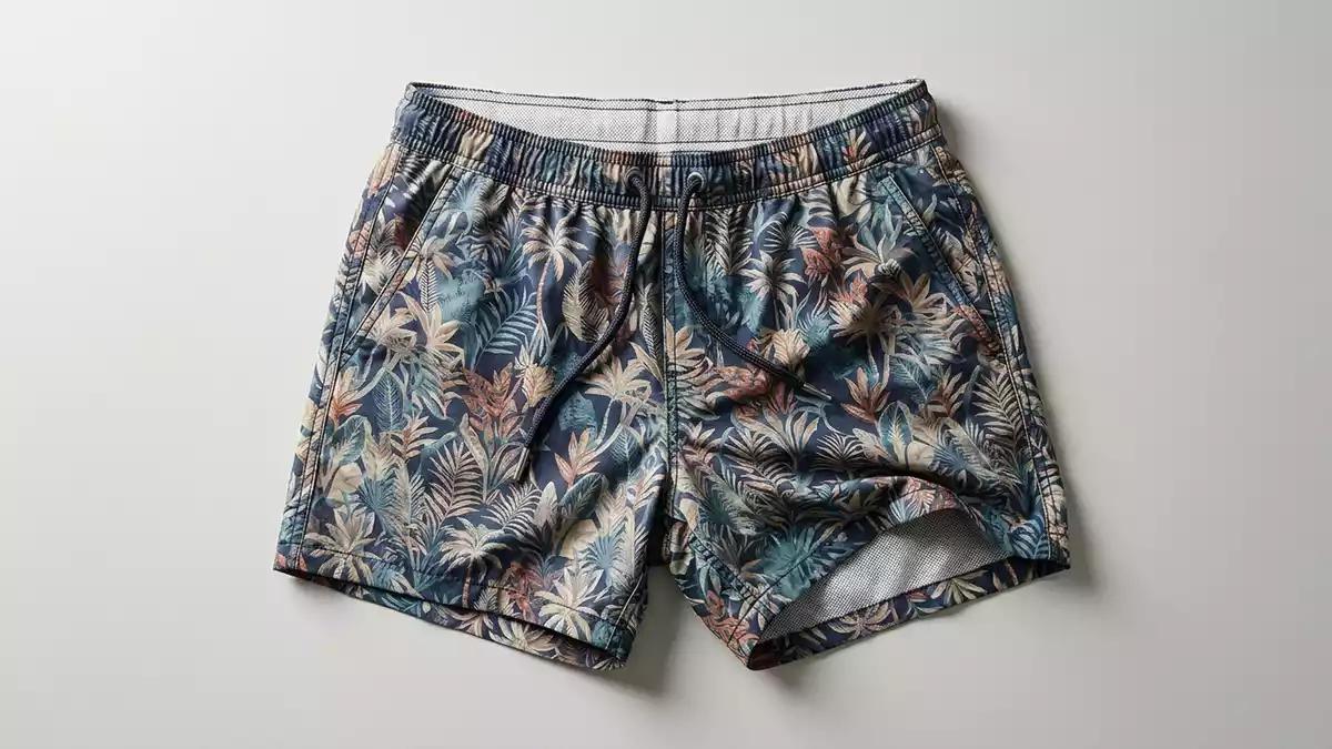 Fotorealistische Studioansicht von Badeshorts in neutraler Produktdarstellung, neutral