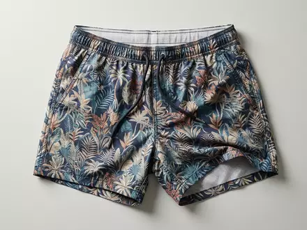 Fotorealistische Studioaufnahme von Badeshorts zum Thema Hugo Boss Herren Badeshorts, klare Lichtfuehrung - Foto: THN