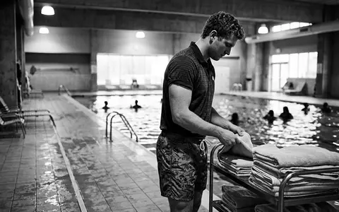 Schwarzweiss-Reportage mit Badeshorts zum Thema Hugo Boss Herren Badeshorts, hoher Kontrast, sachlich dargestellt - Foto: THN