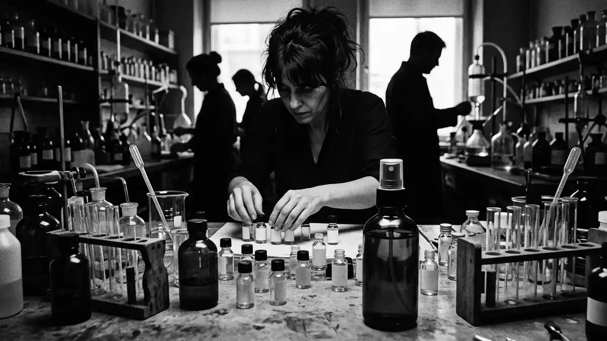 Schwarzweiss-Reportagebild mit Eau de Toilette in dokumentarischer Arbeitsumgebung