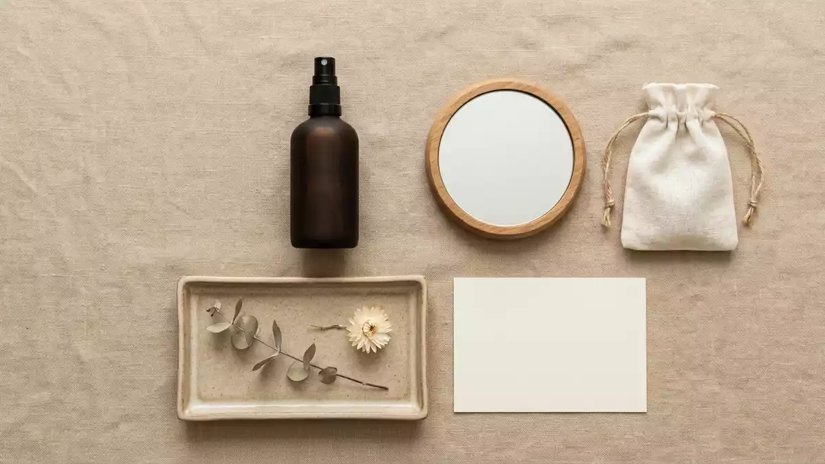 Flatlay-Arrangement rund um Eau de Toilette mit passenden Requisiten von oben, neutral