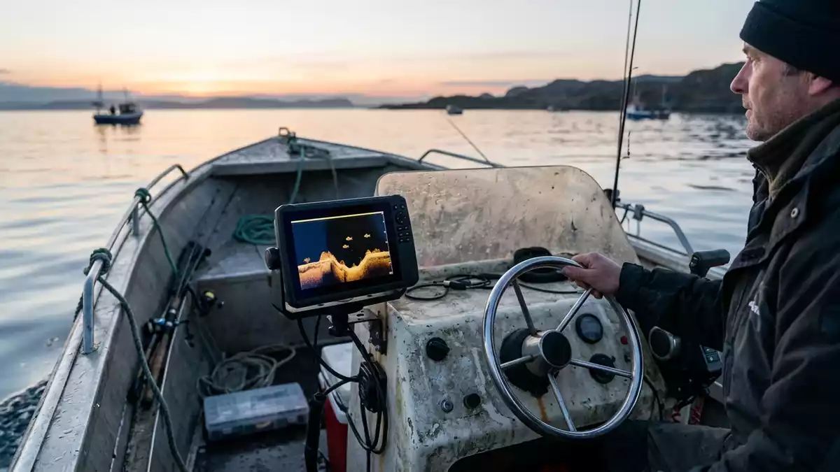 Fotorealistische Ansicht von Echolot im Angelboot in realer Umgebung, neutral