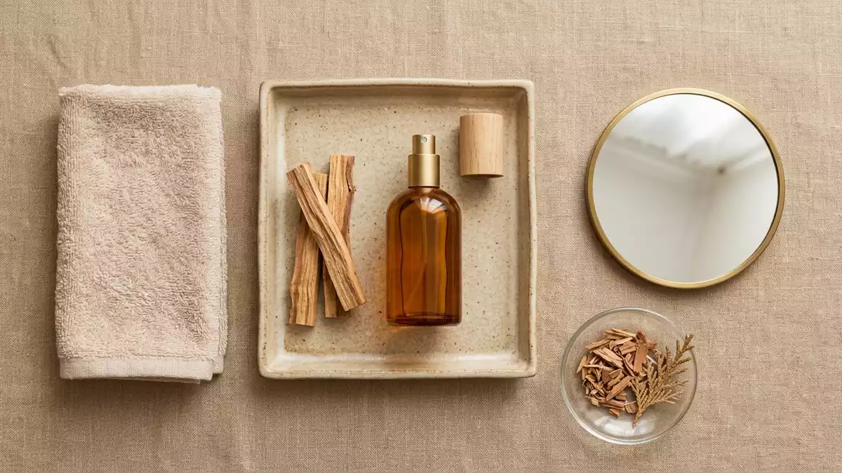 Flatlay-Arrangement rund um Eau de Toilette mit passenden Requisiten von oben, neutral